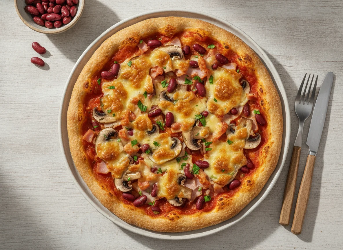 Dinkelmehl-Quark-Pizza mit Putenschinken und Gemüse photo