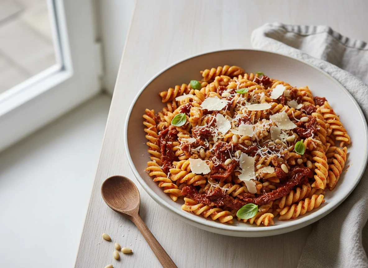 Dinkelnudeln mit Pesto Rosso und Parmesan photo