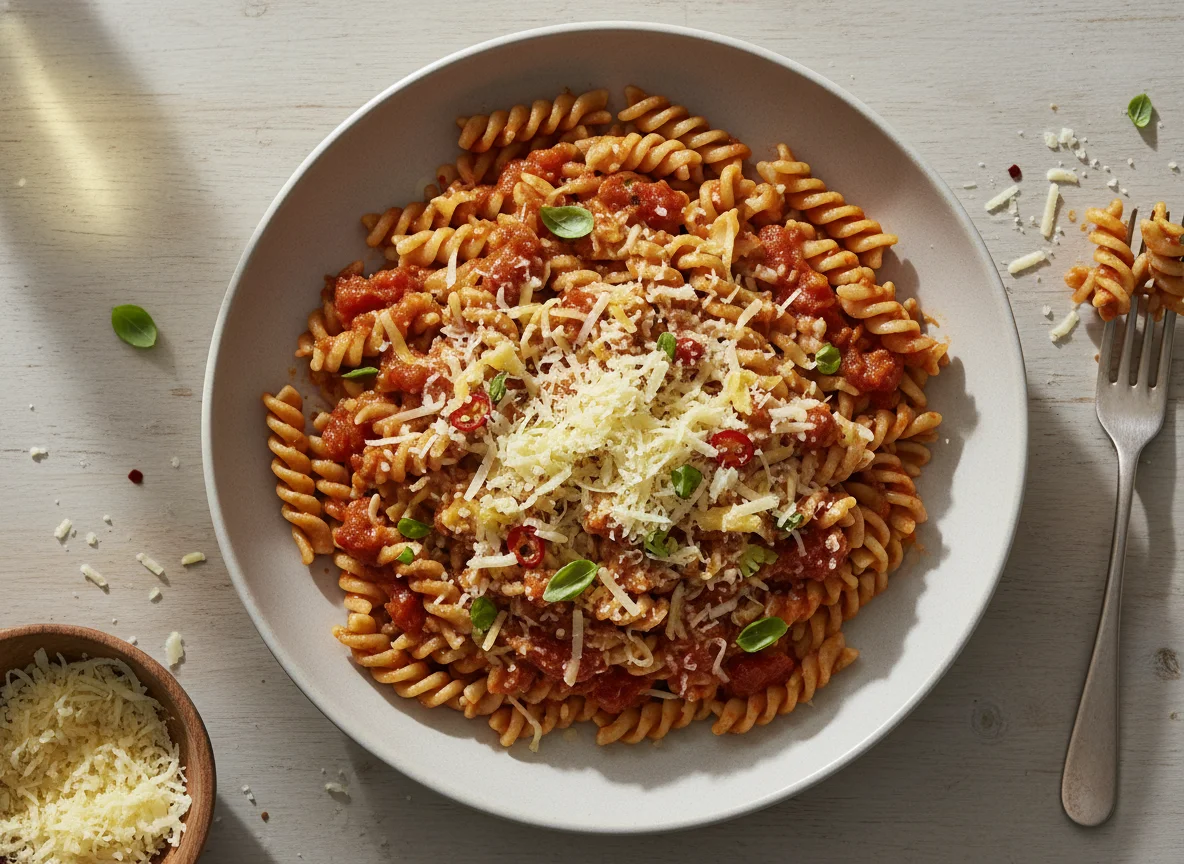 Dinkelnudeln mit Tomatensauce und geriebenem Käse photo