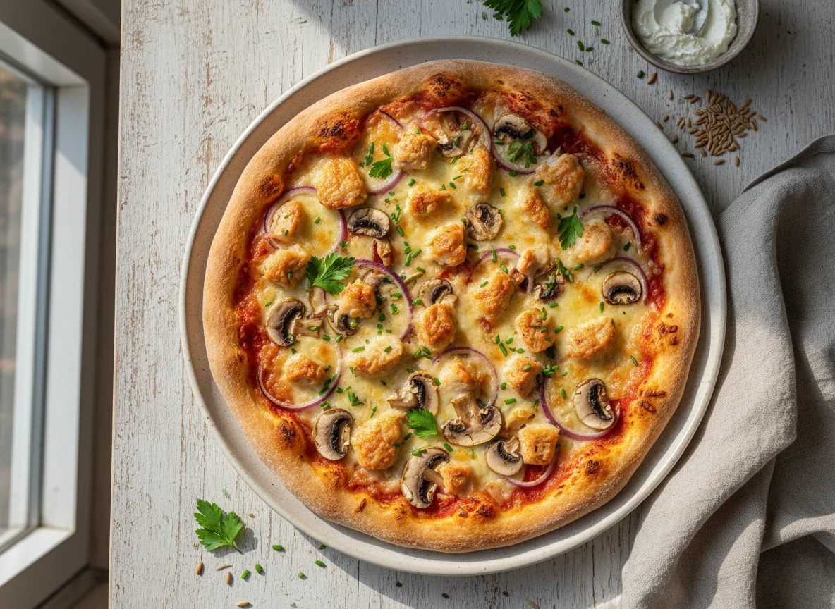 Dinkel-Quark-Pizza mit Hähnchen und Pilzen photo