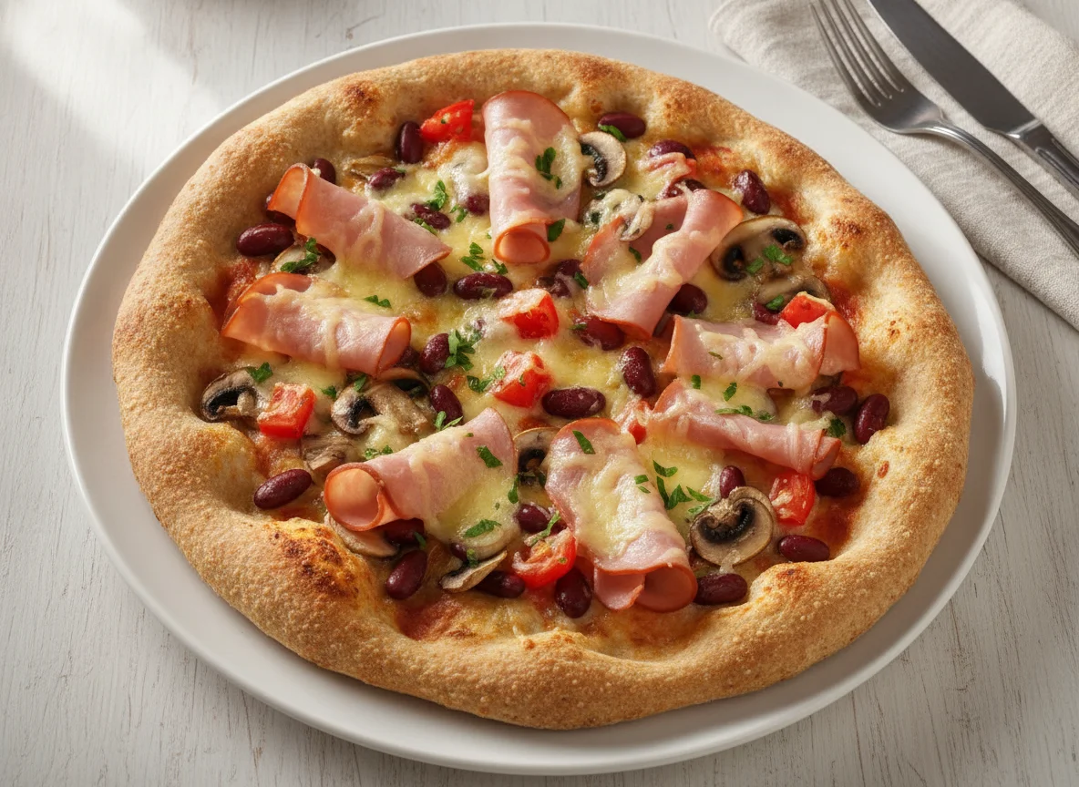 Dinkel-Quark-Pizza mit Schinken und Bohnen photo