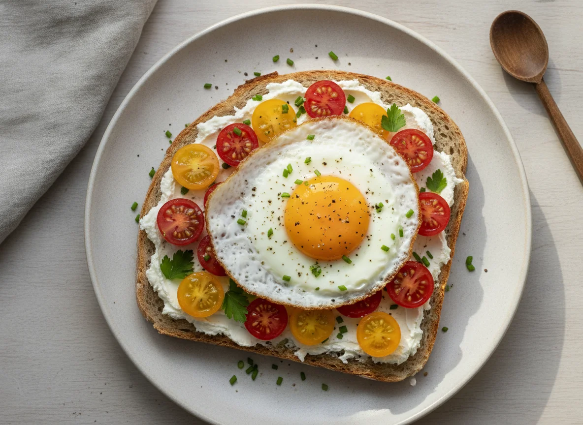 Dinkel-Sauerteigbrot mit Frischkäse, Tomaten und Spiegelei photo