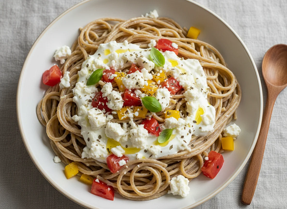 Dinkelspaghetti mit Hirtenkäse-Joghurt-Sauce photo