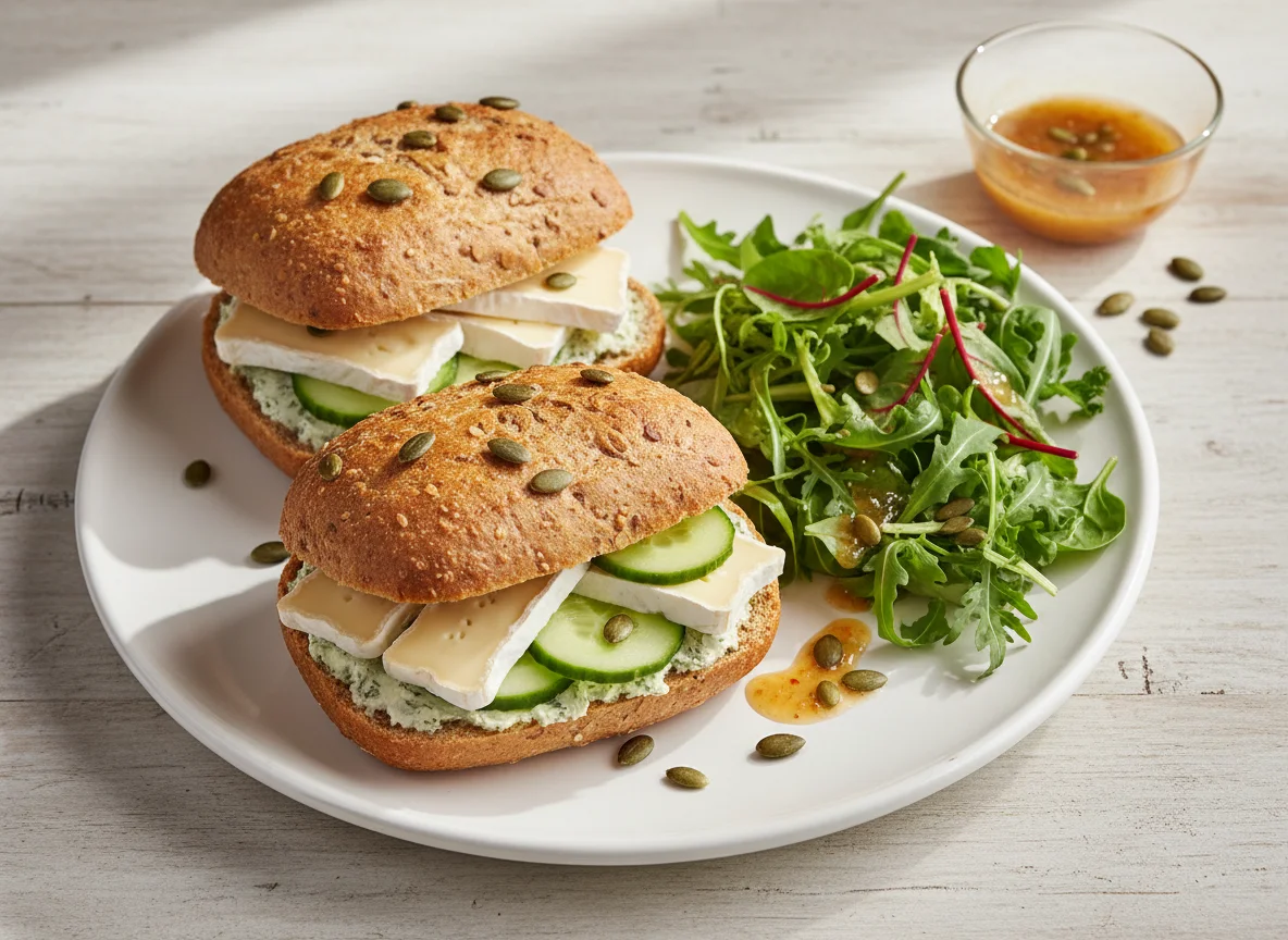 Dinkel-Weichkäse Brötchen und Salat photo
