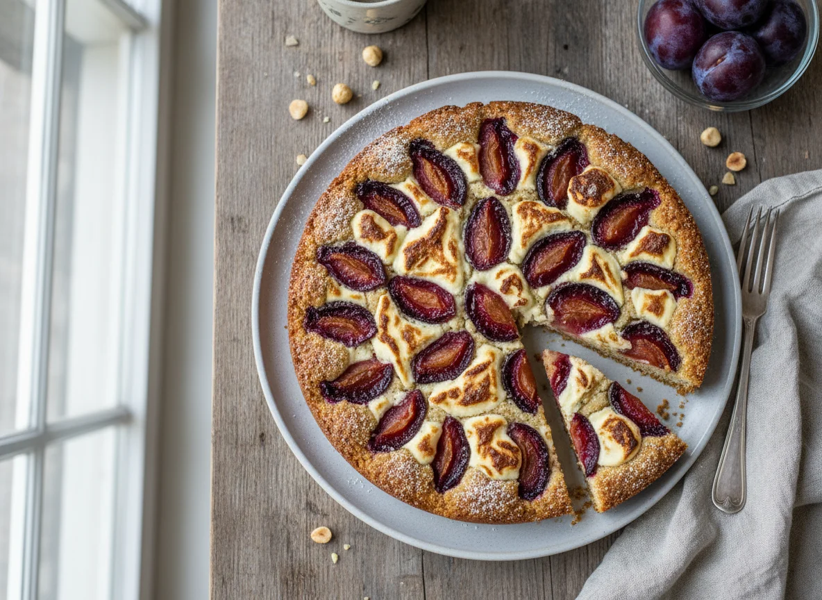 Dinkel-Zwetschgenkuchen mit Frischkäse photo