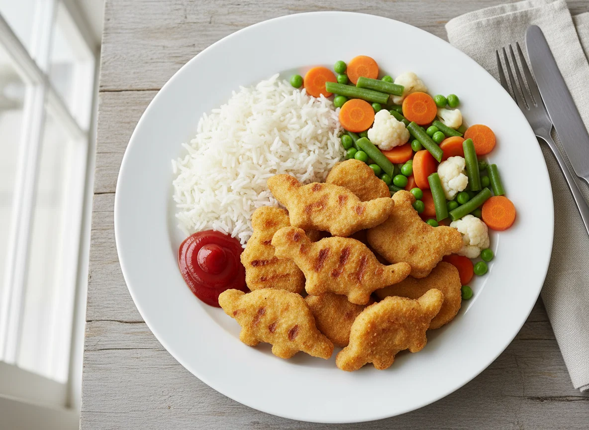 Dinosaurier-Nuggets mit Reis und Gemüse photo