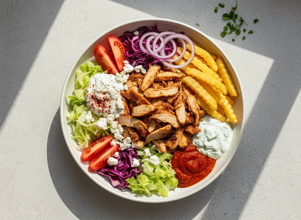 Döner Bowl mit Hähnchen und verschiedenen Saucen photo