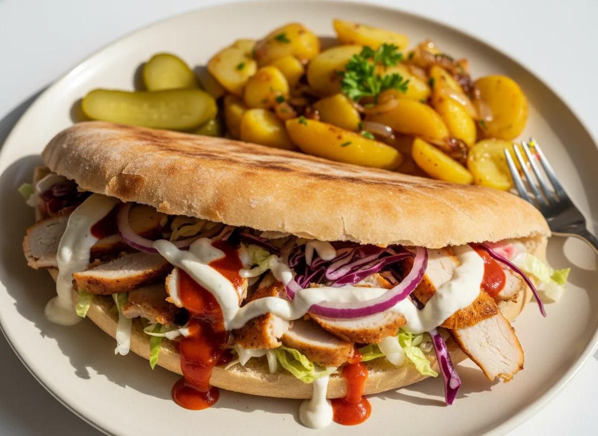 Döner Kebab im Brot mit Bratkartoffeln photo