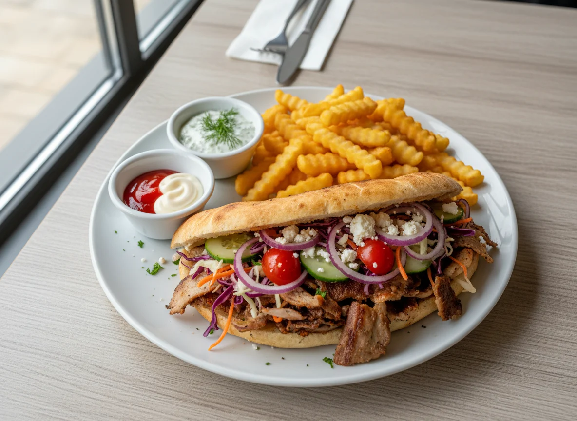 Döner Kebab mit Pommes und Saucen photo