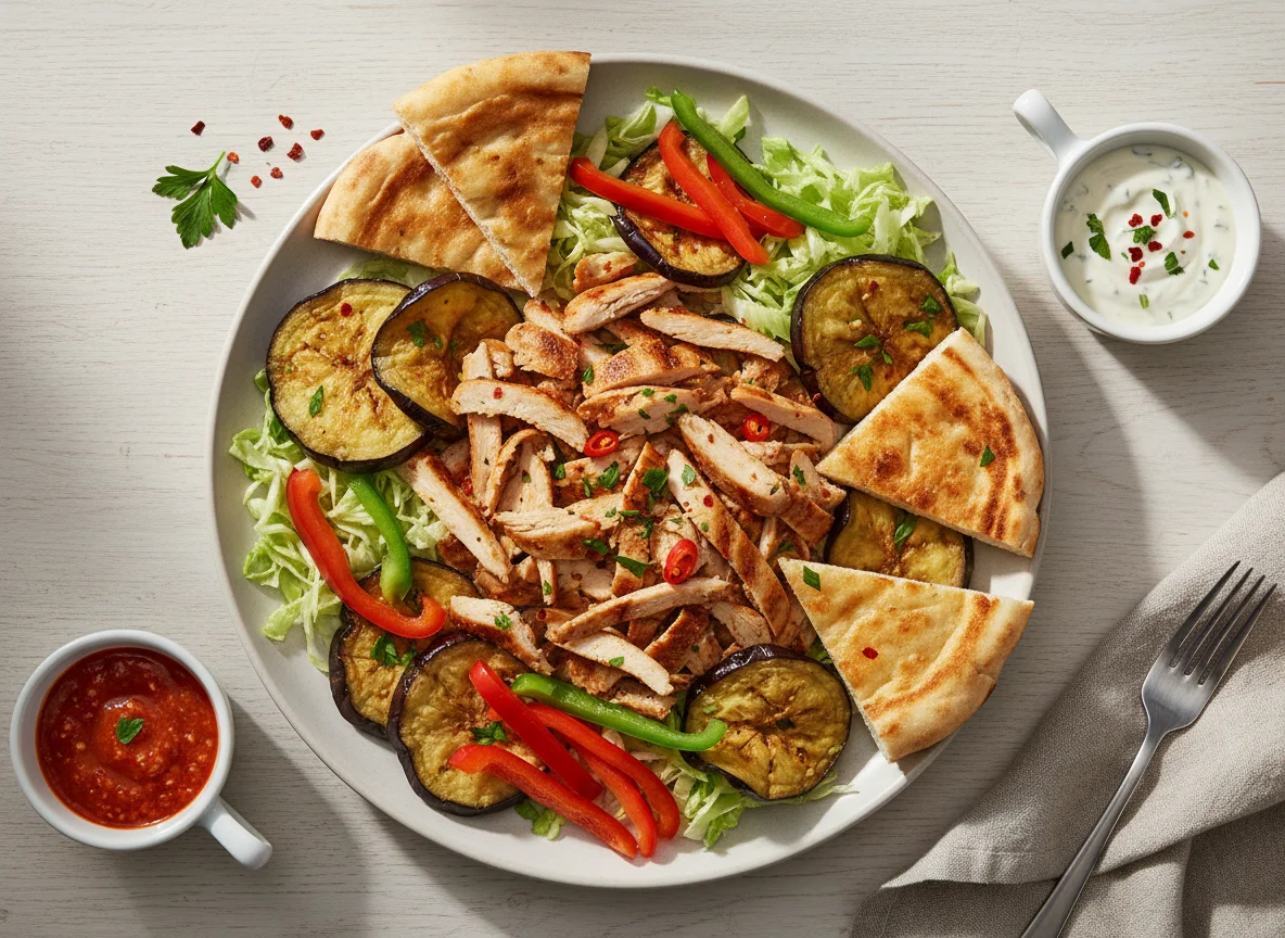 Döner Teller mit Auberginen und Saucen photo