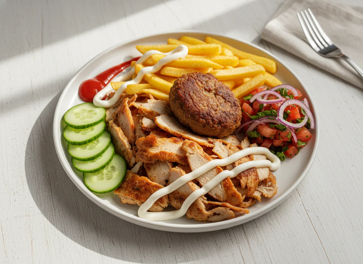 Döner Teller mit Frikadelle und Pommes photo