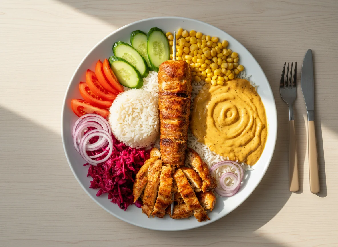 Döner Teller mit Hähnchenspieß und Currysauce photo