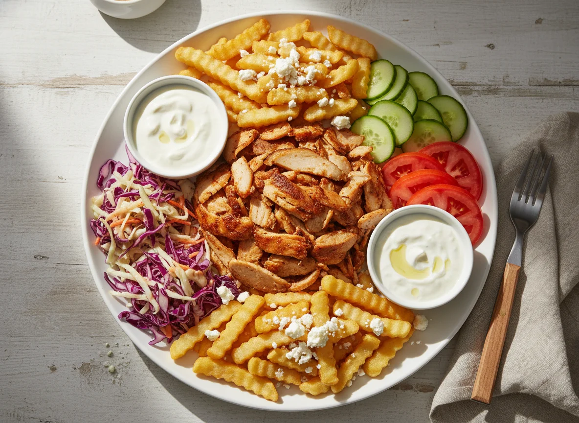Döner Teller mit Pommes und Feta photo