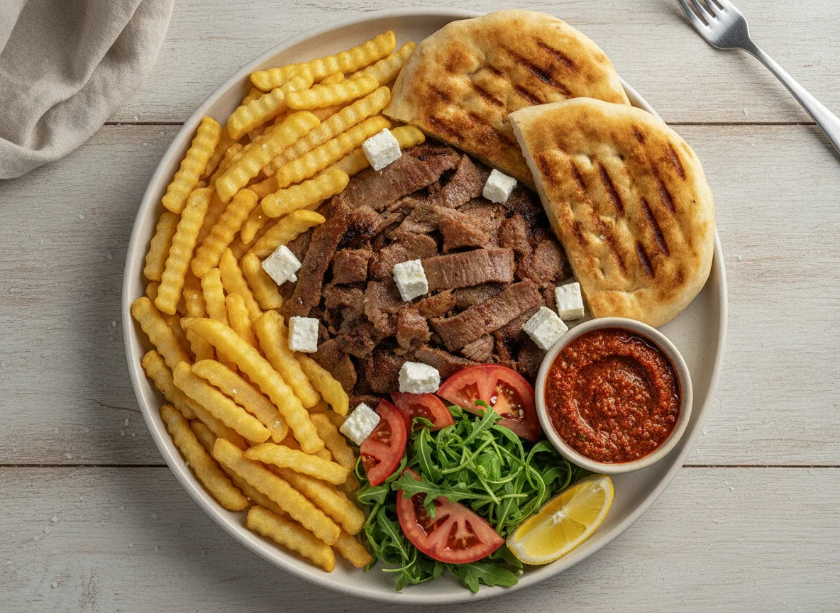 Döner Teller mit Pommes und Fladenbrot photo