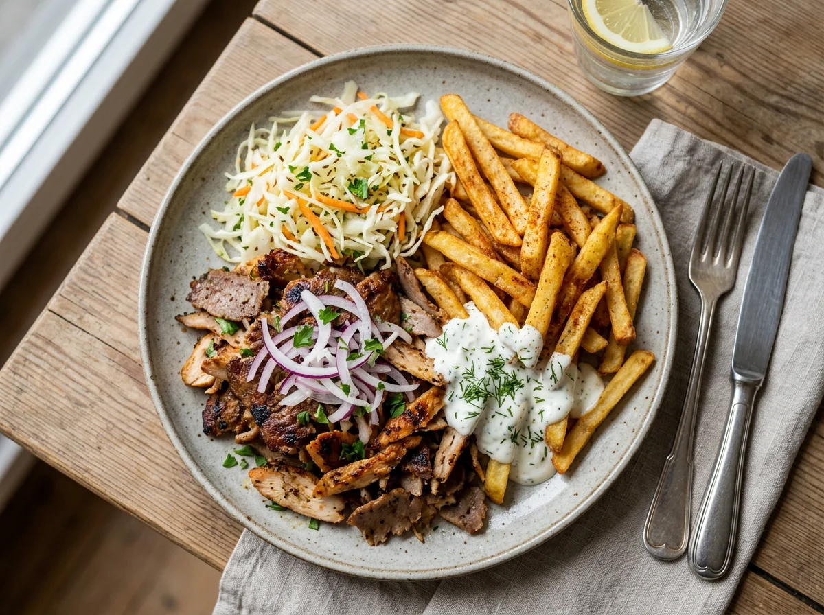 Döner Teller mit Pommes und Krautsalat photo