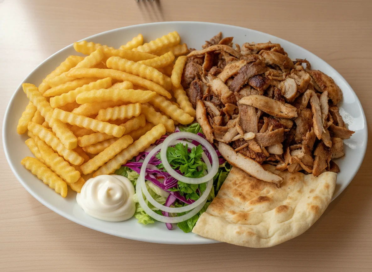 Döner Teller mit Pommes und Mayonnaise photo