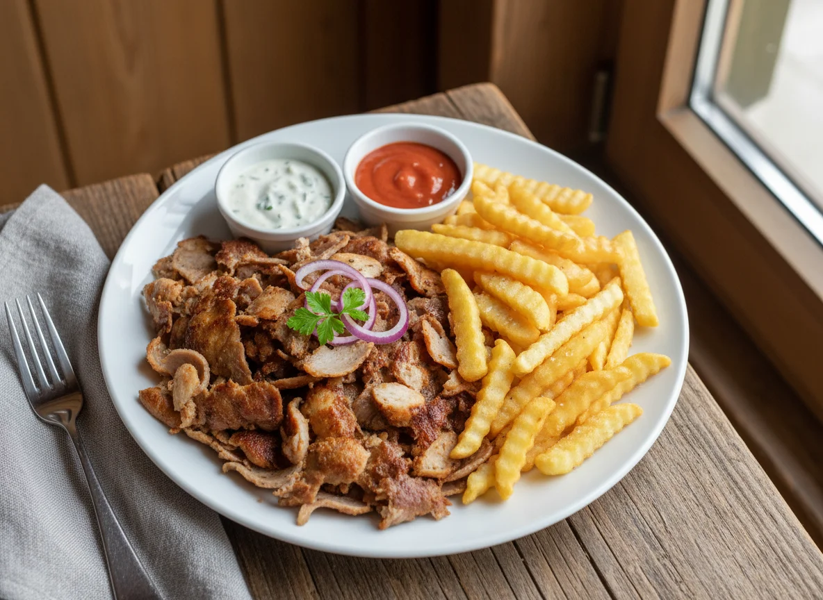 Döner Teller mit Pommes und Saucen photo