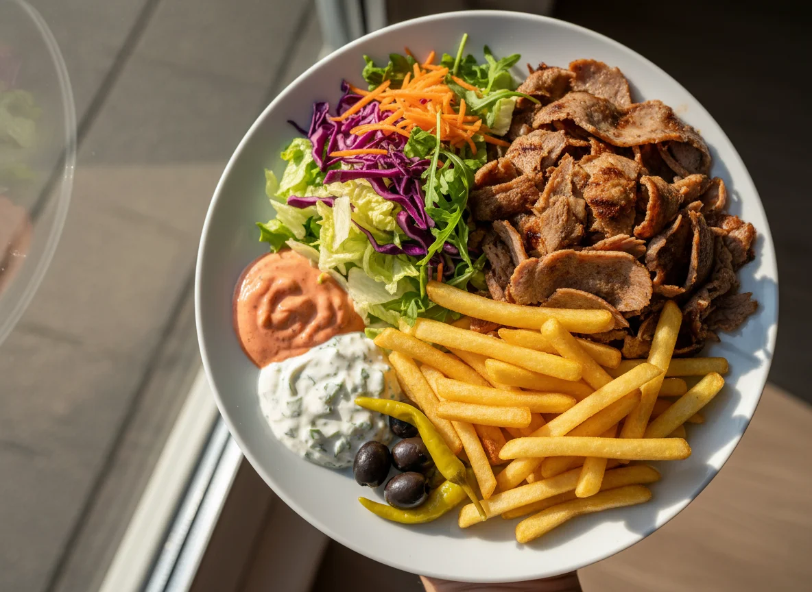 Döner Teller mit Pommes und zwei Saucen photo