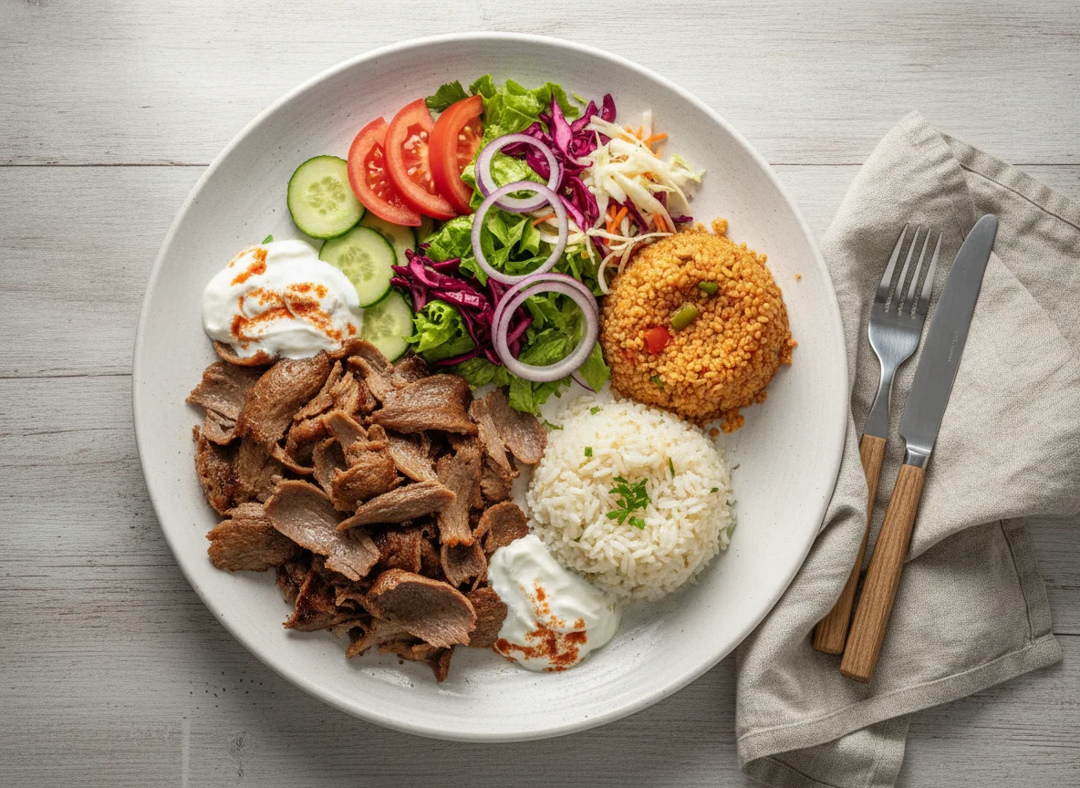 Döner Teller mit Reis, Bulgur und Salat photo
