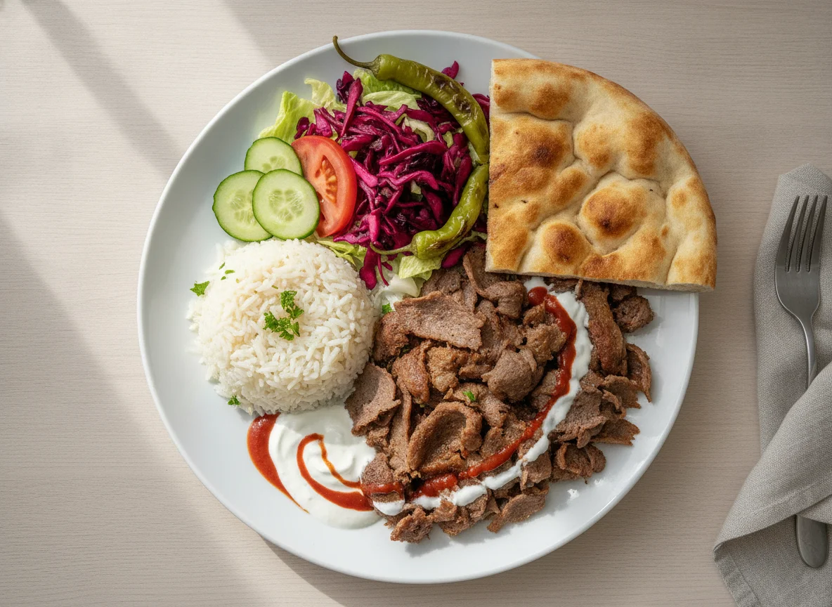 Döner Teller mit Reis und Fladenbrot photo