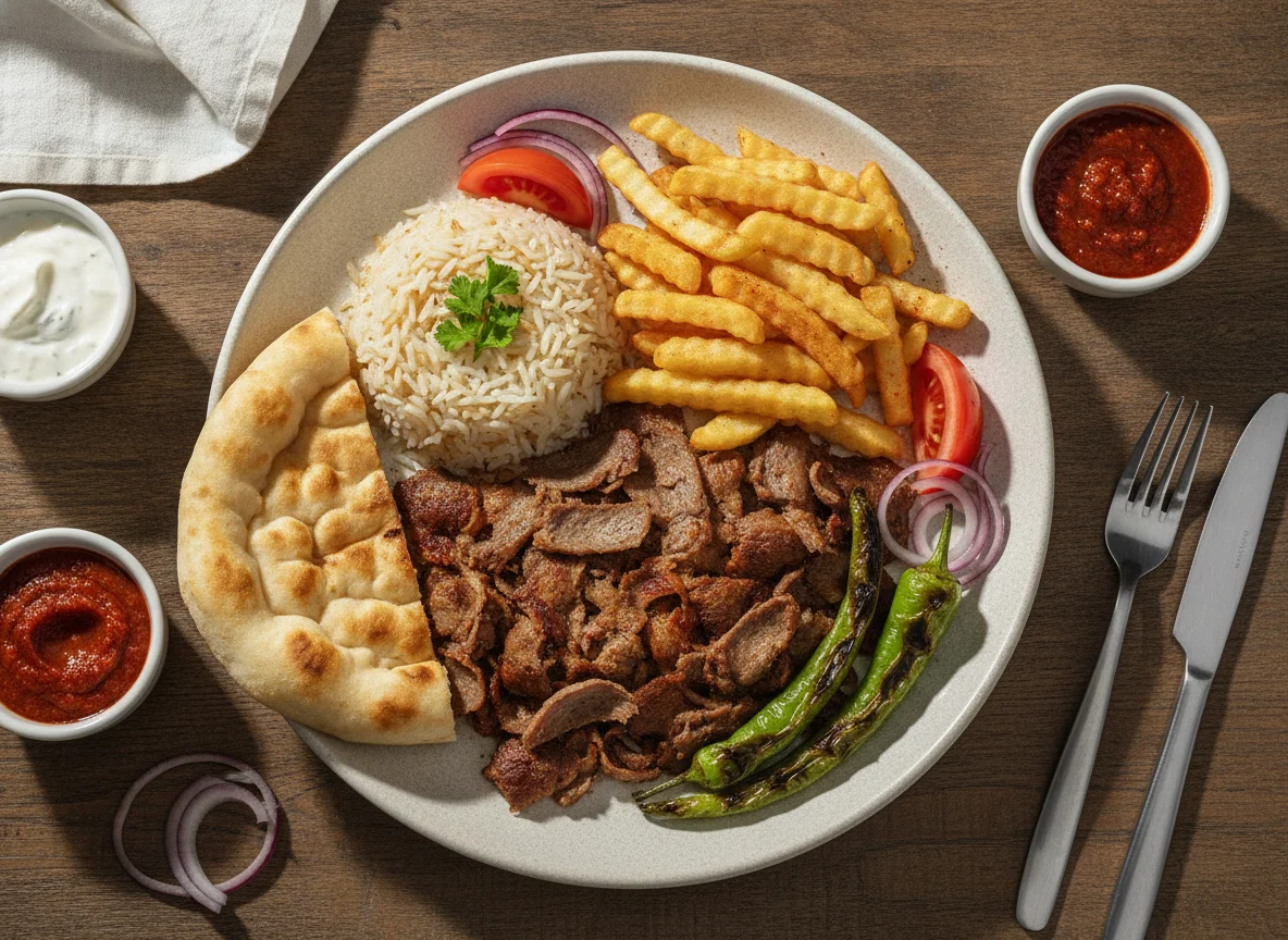 Döner Teller mit Reis und Pommes photo