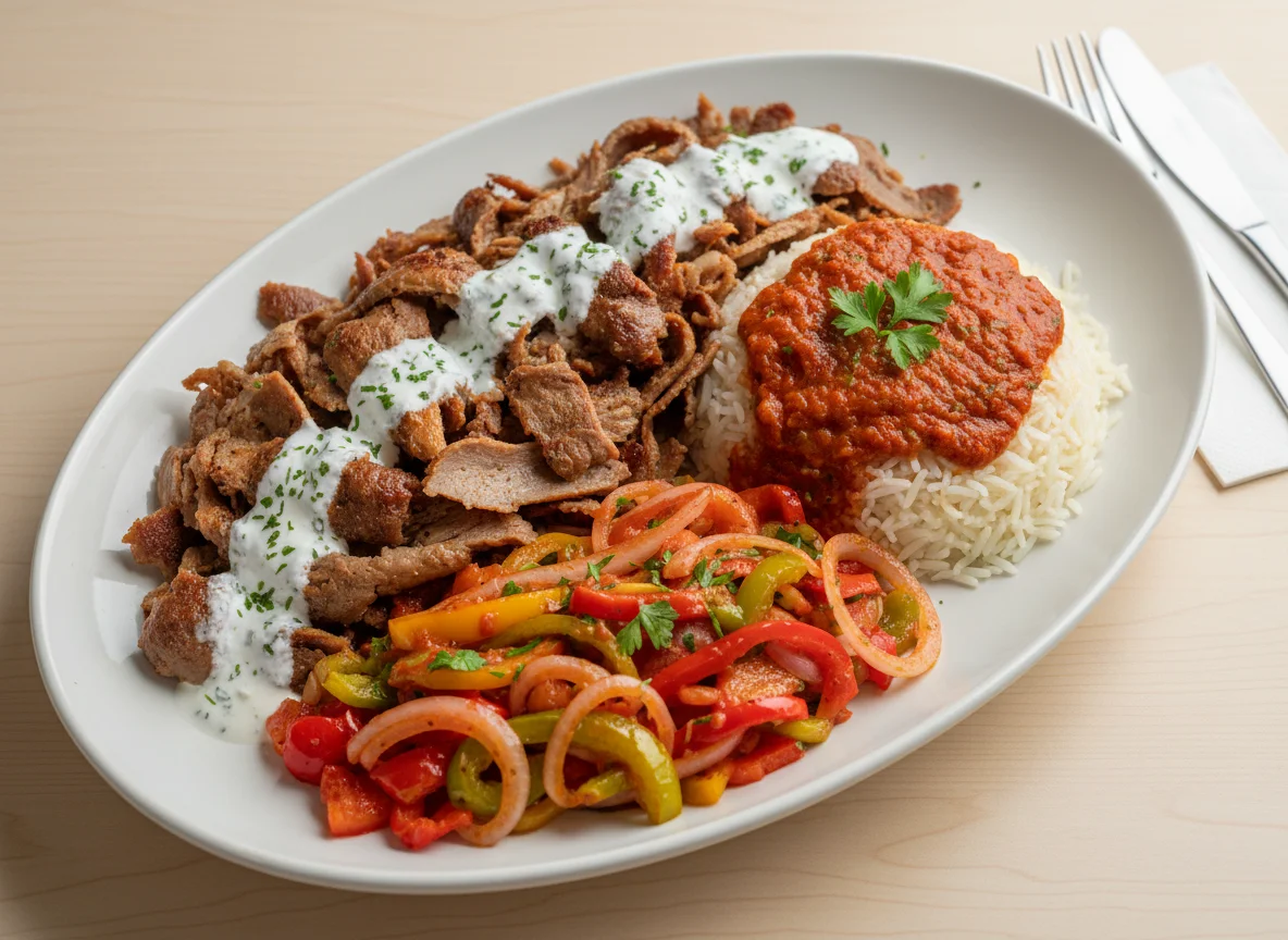 Döner Teller mit Reis und Sauce photo