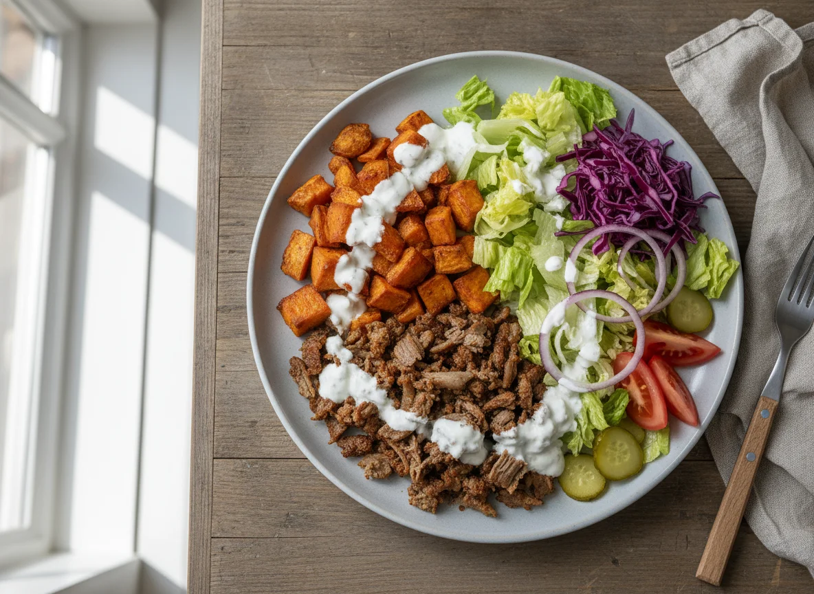 Döner Teller mit Salat und Süßkartoffeln photo