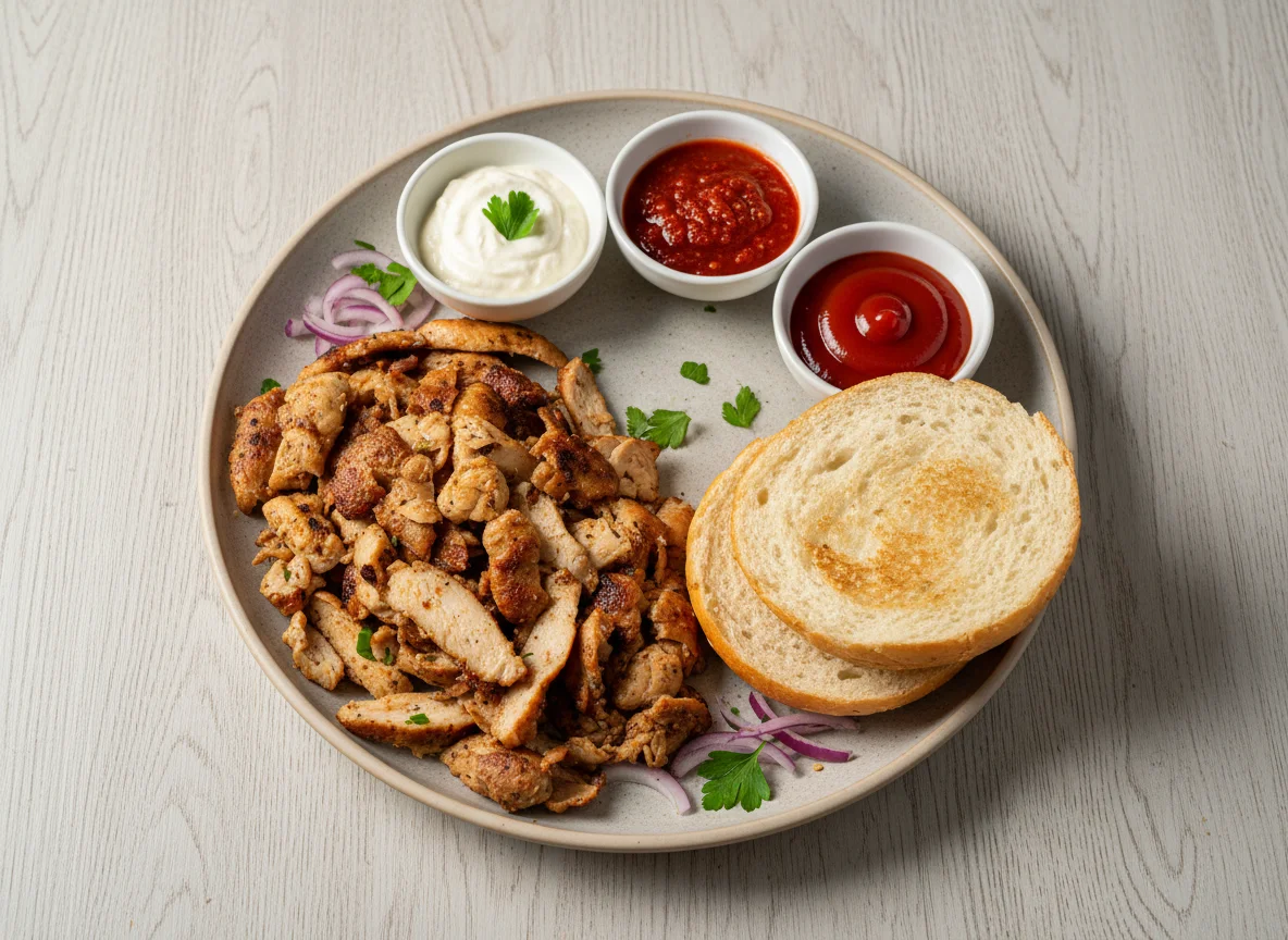 Dönerfleisch mit Brötchen und Saucen photo