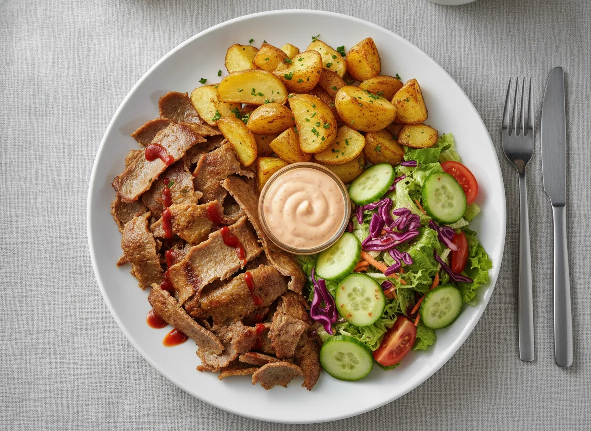 Döner-Teller mit Bratkartoffeln und Salat photo