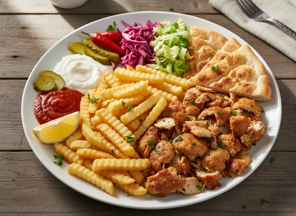 Dönerteller mit Pommes und Beilagen photo