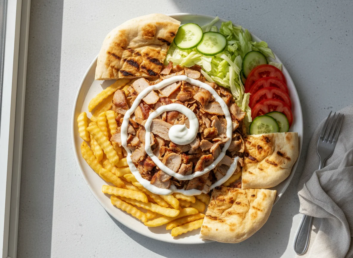 Dönerteller mit Pommes und Brot photo