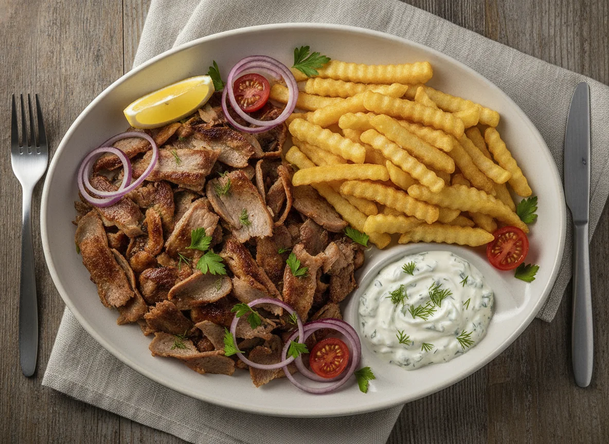 Döner-Teller mit Pommes und Knoblauchsauce photo