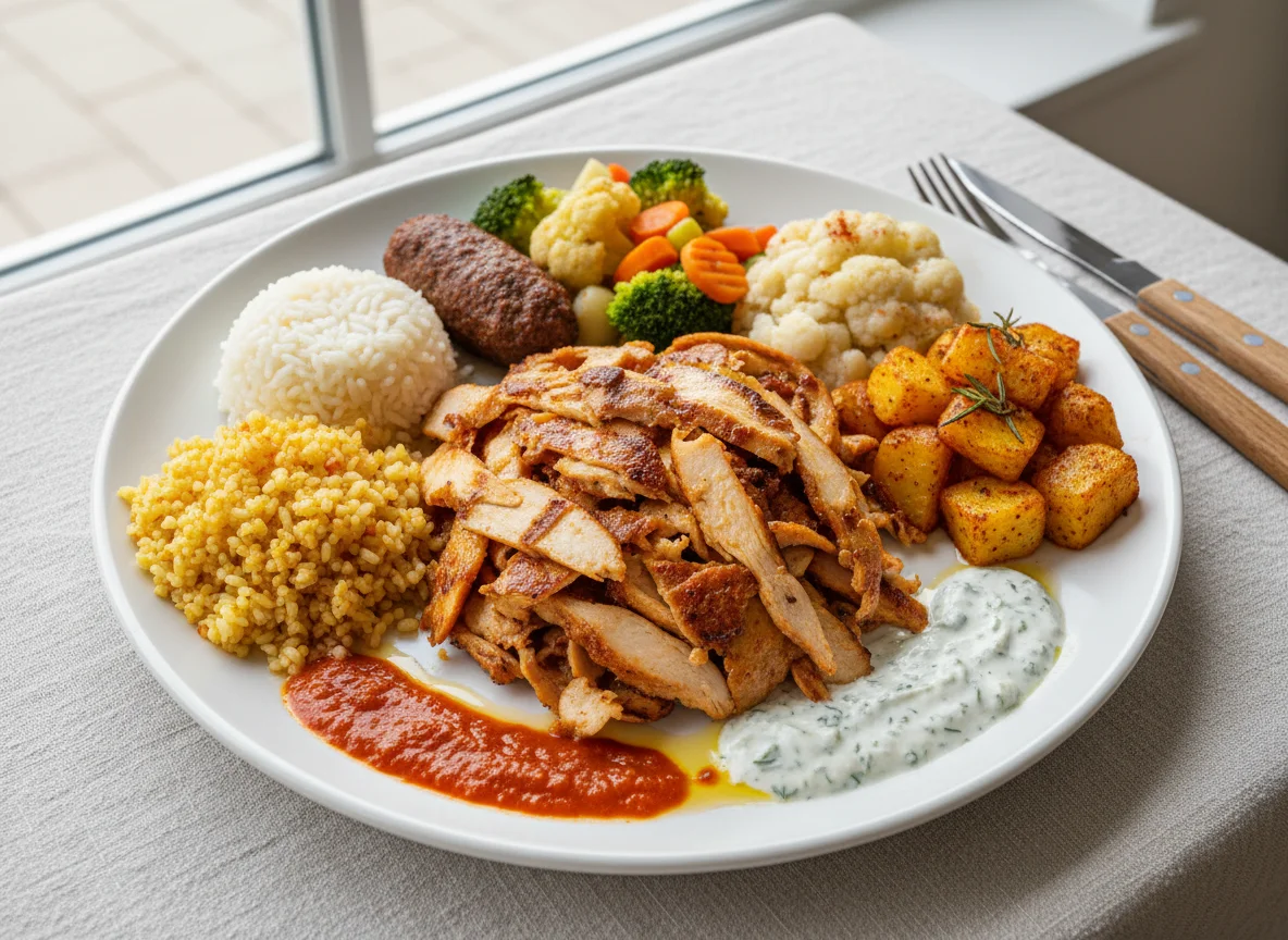 Dönerteller mit Reis, Bulgur, Kartoffeln und Gemüse photo