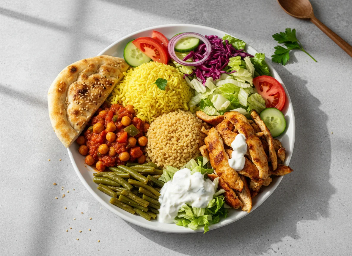 Dönerteller mit Reis, Bulgur und Gemüse photo