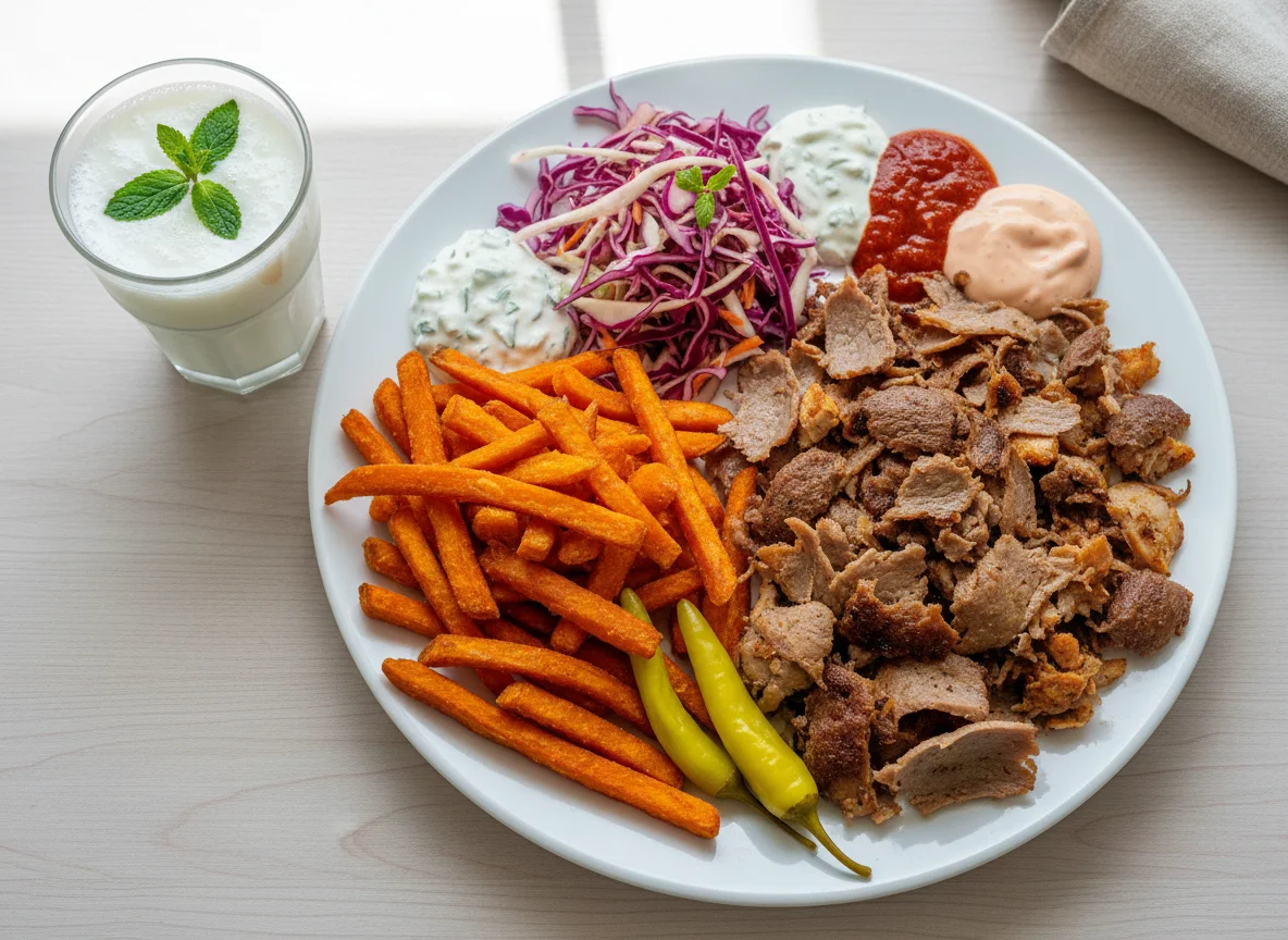Dönerteller mit Süßkartoffelpommes und Ayran photo