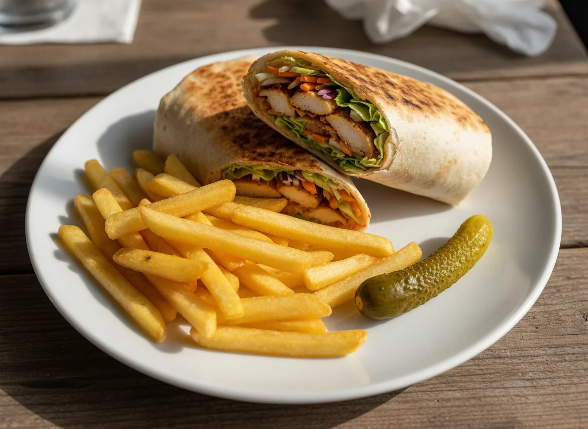 Döner-Wrap mit Pommes und Gewürzgurke photo
