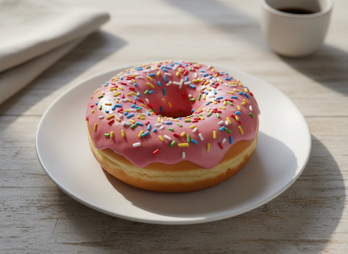 Donut mit rosa Glasur und Streuseln photo