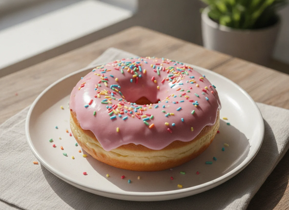 Donut mit rosa Glasur und Zuckerstreuseln photo