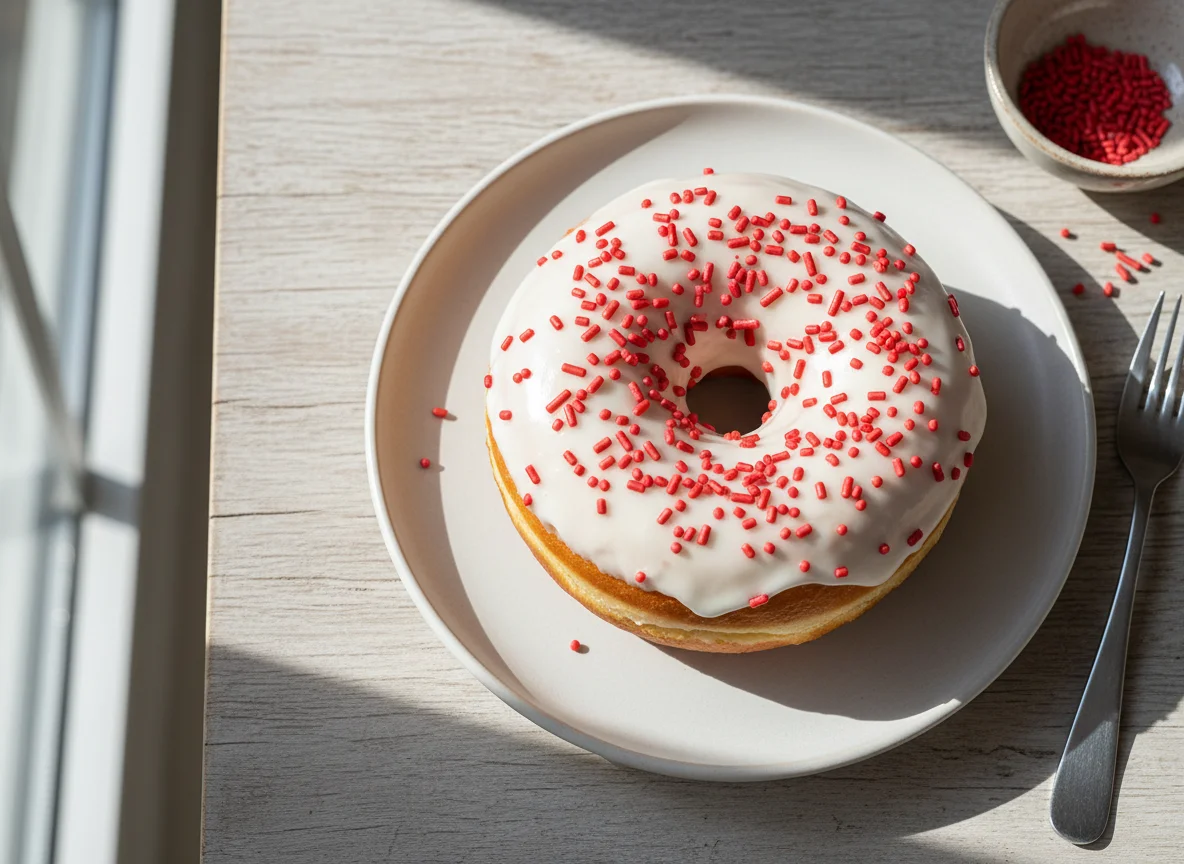 Donut mit weißem Zuckerguss und roten Streuseln photo