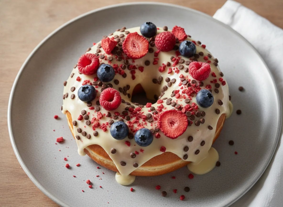 Donut mit weißer Glasur und Beeren-Topping photo