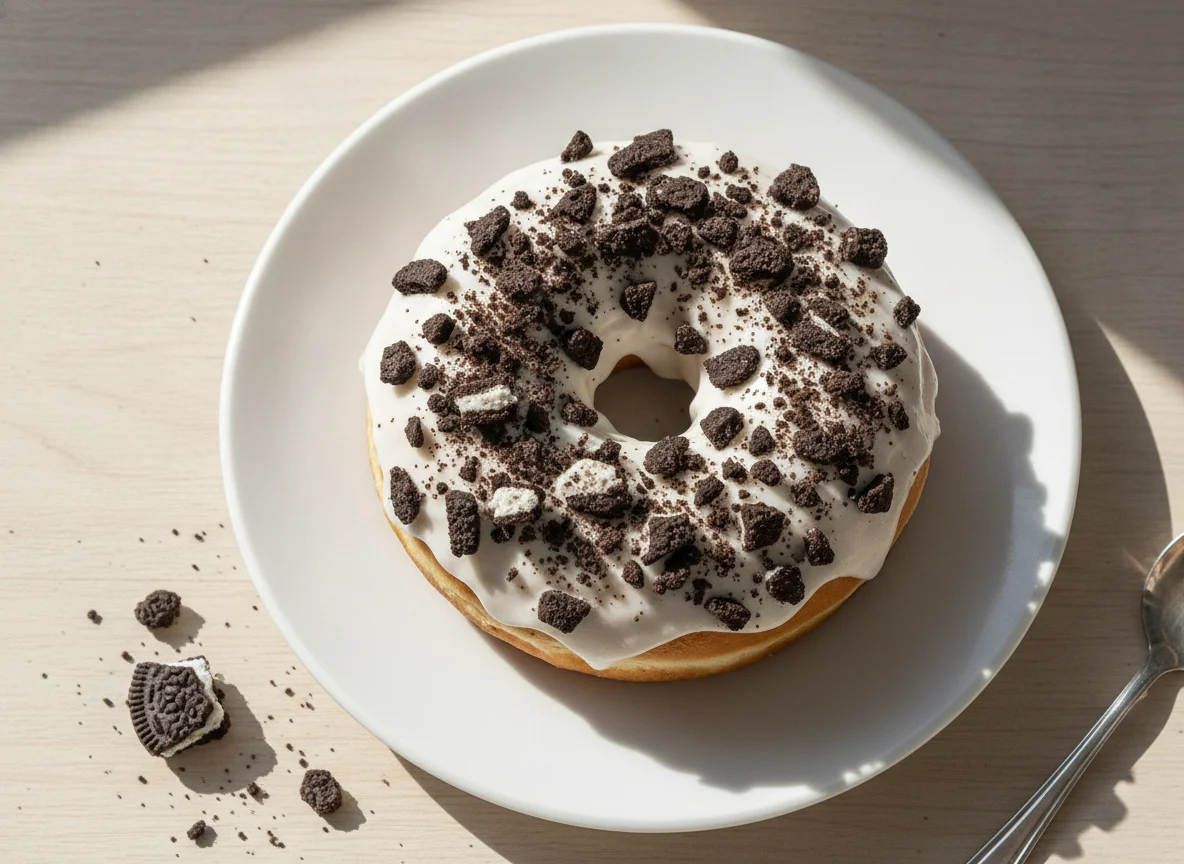 Donut mit weißer Glasur und Keksstückchen photo