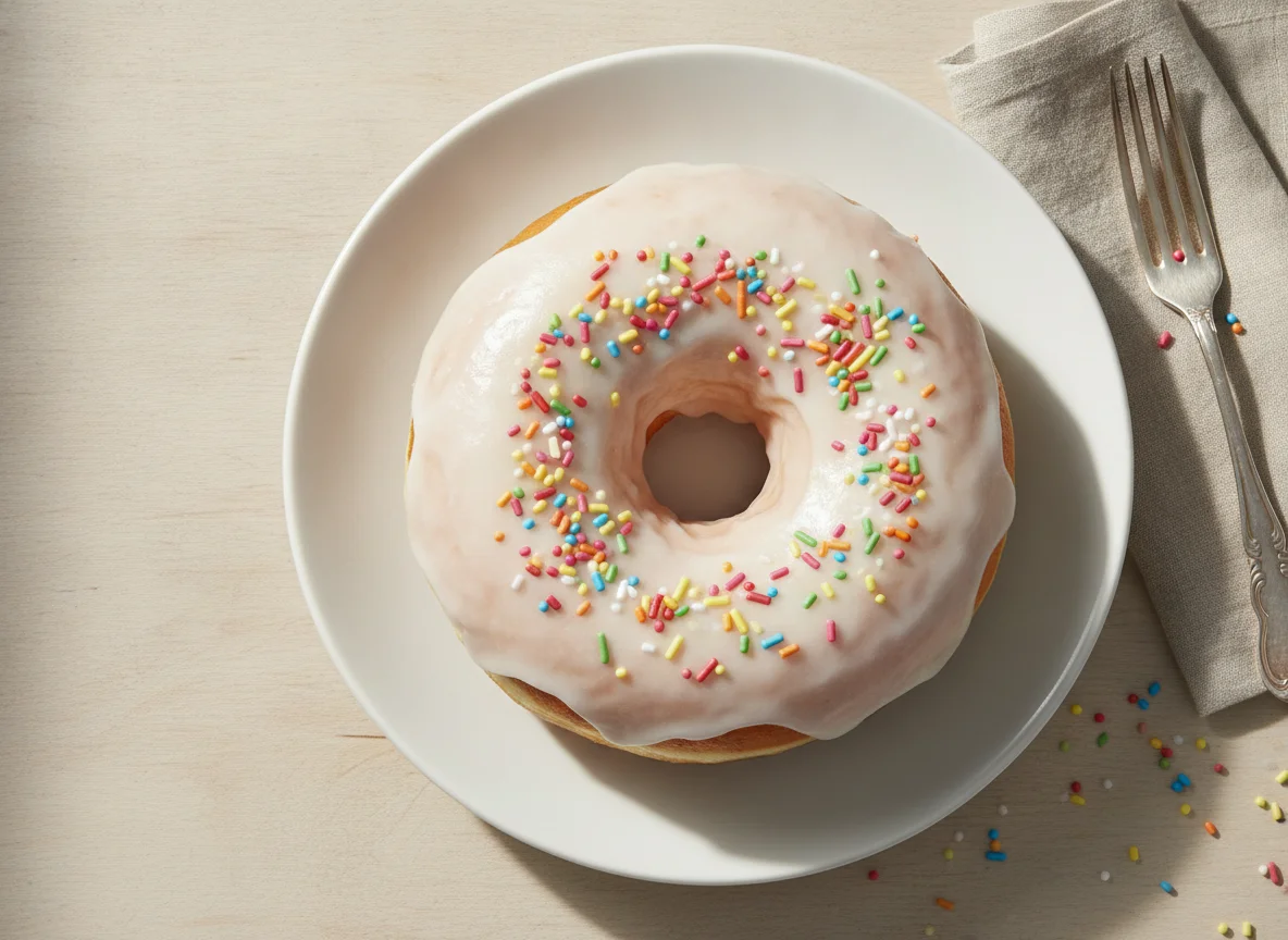Donut mit Zuckerglasur und bunten Streuseln photo