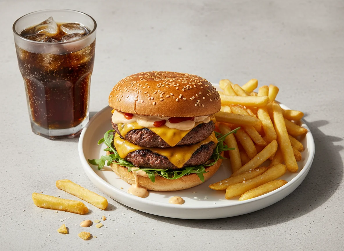 Doppelburger Menü mit Pommes und Softdrink photo