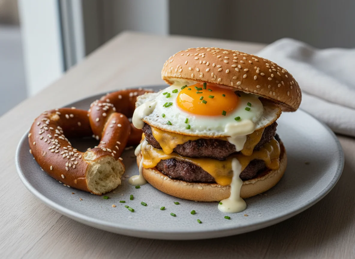 Doppel-Cheeseburger mit Spiegelei und Brezel photo