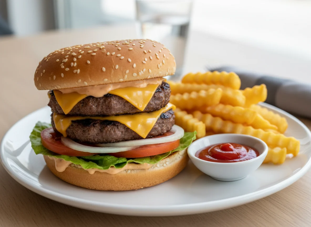 Doppelter Cheeseburger mit Pommes und Ketchup photo