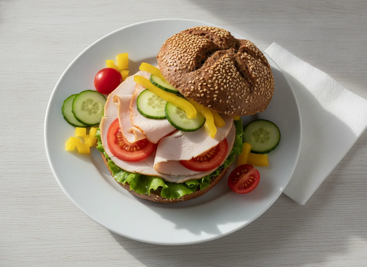 Dunkles Brötchen mit Putenbrust und Gemüse photo