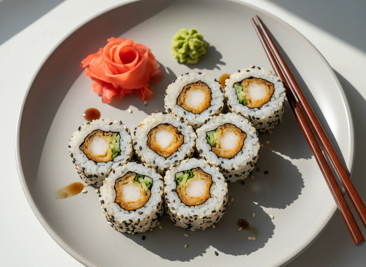 Ebi Tempura Maki mit Ingwer und Wasabi photo