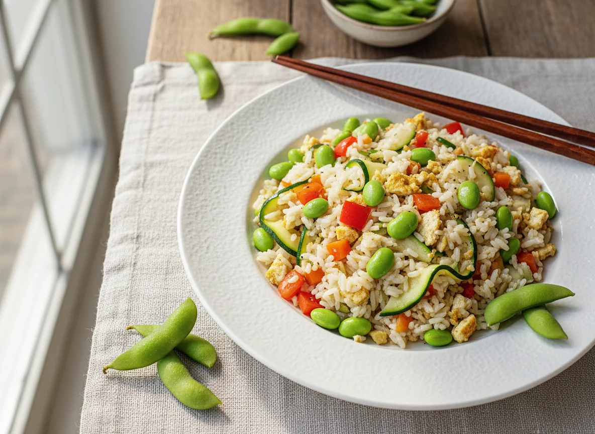 Edamame und Gemüse-Reis-Pfanne photo
