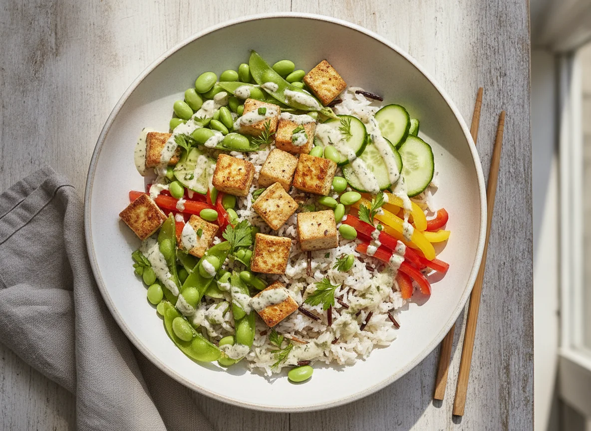 Edamame-Reis-Bowl mit Tofu und Gemüse photo