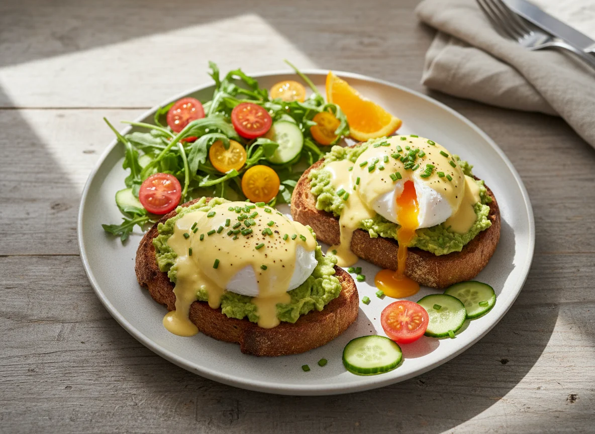 Eggs Benedict auf Sauerteigbrot mit Avocado und Salat photo